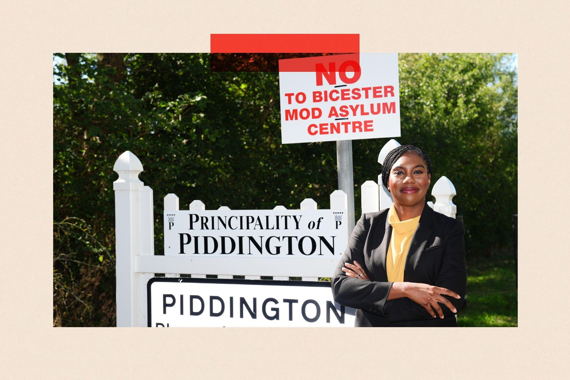 Kemi Badenoch in front of a village sign for Piddington