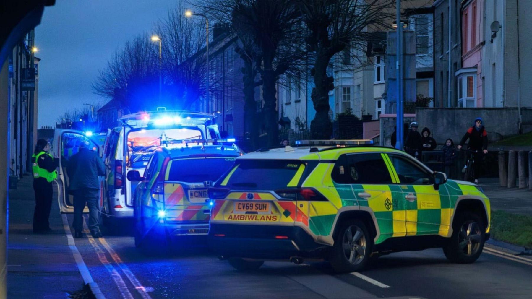 Police cars and ambulances on Picton Terrace in Carmarthen