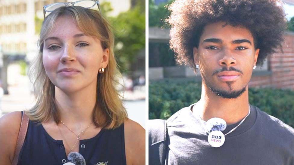 A split screen of a woman on the left in a black vest with a GW logo and a man on the right in a grey tee.