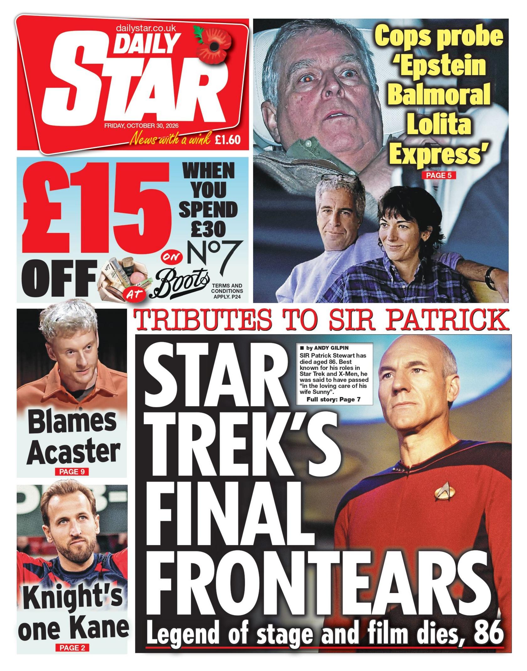 "Star Trek's final frontears: Legend of stage and film dies, 86," reads the headline on the front page of the Daily Star.