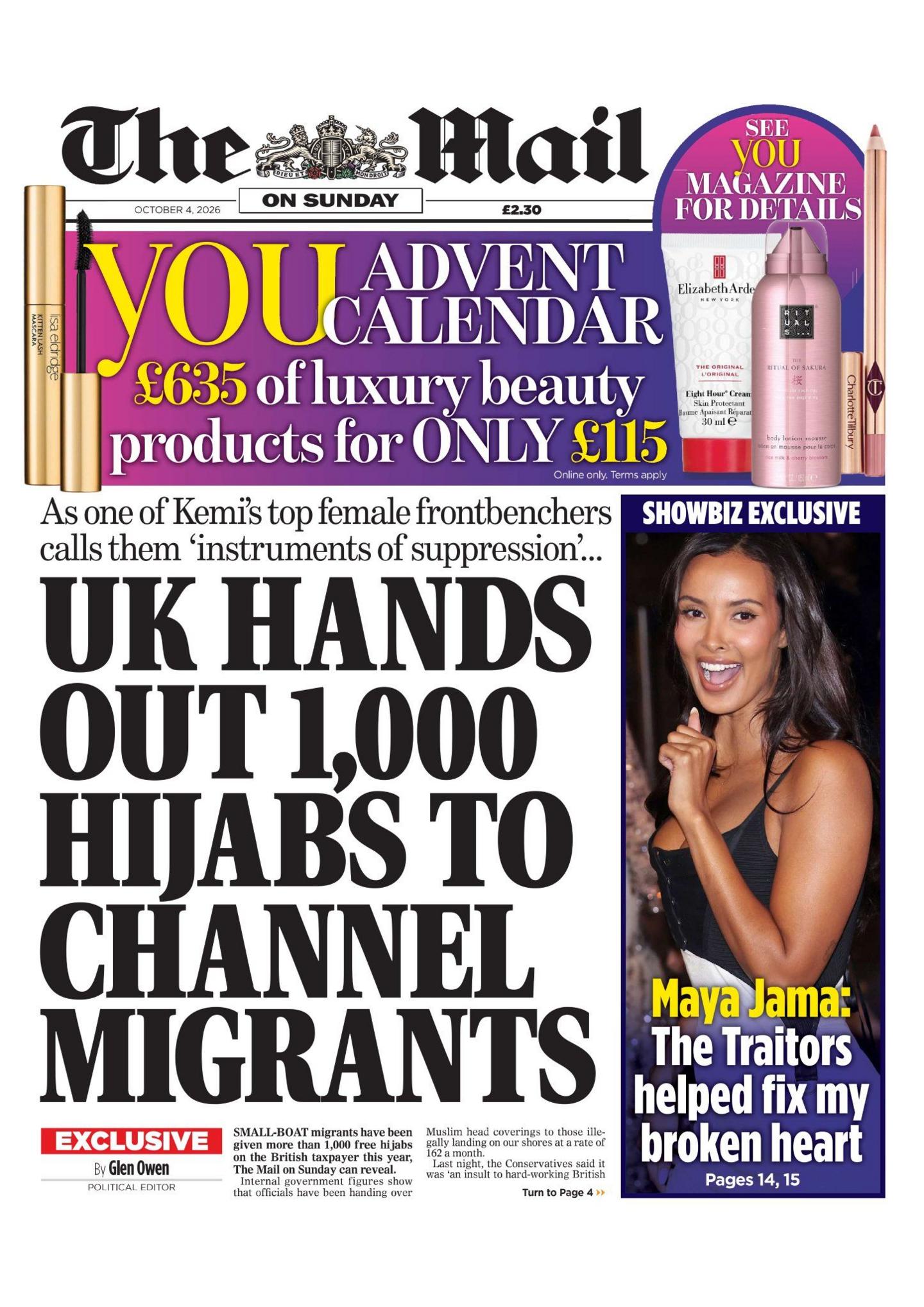 The headline on the front page of the Mail reads: 'UK hands out 1,000 hijabs to channel migrants.'