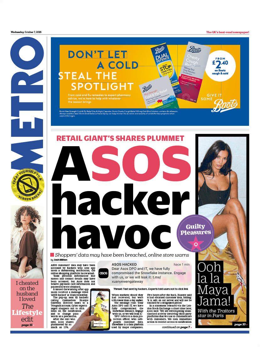 "Asos hacker havoc" reads the headline on the front page of Metro.