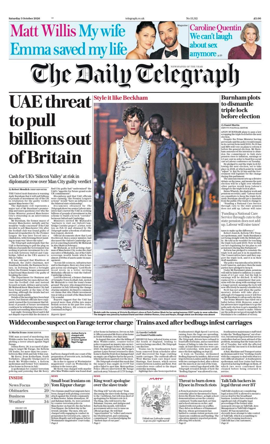 The headline on the front page of the Daily Telegraph reads: 'UAE threat to pull billions out of Britain.'