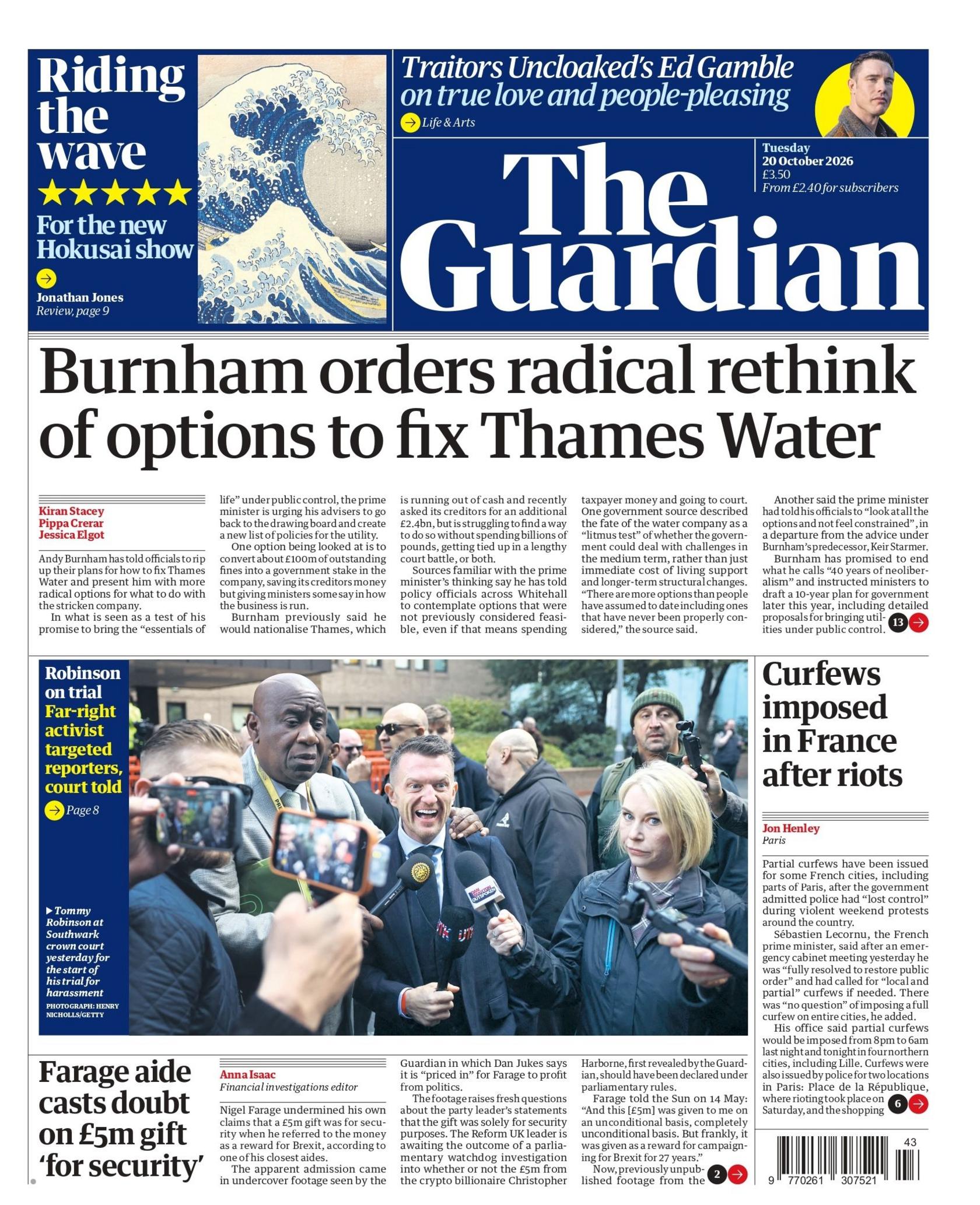 "Burnham orders radical rethink of options to fix Thames Water," reads the headline on the front page of the Guardian.