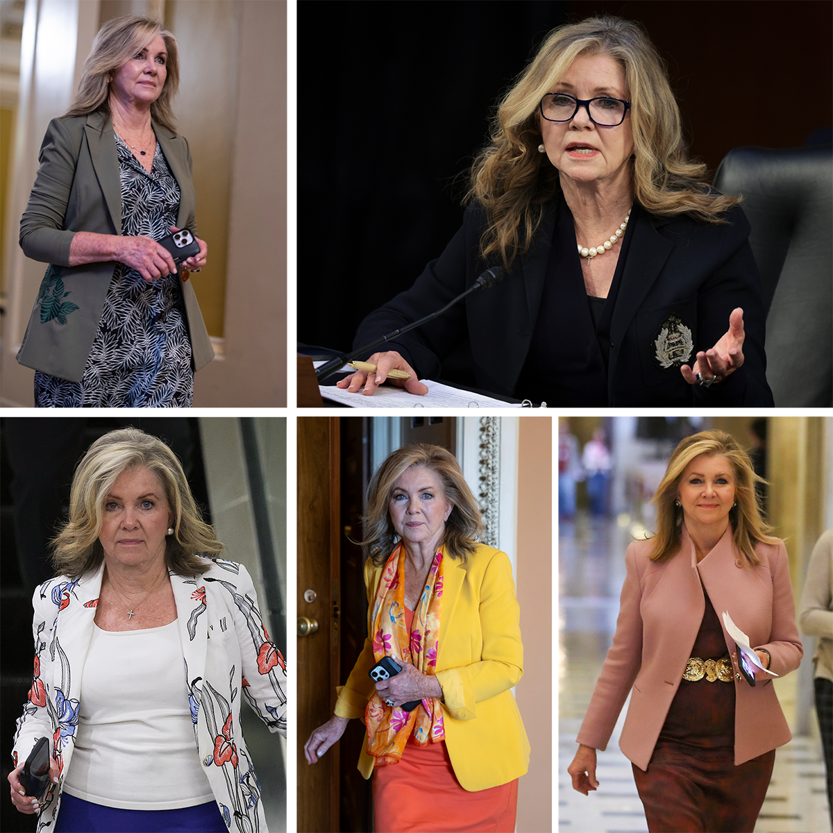 Collage of five photographs showing Senator Marsha Blackburn. The outfits include a grey blazer over a patterned dress, a dark blazer with pearl necklace and glasses, a white floral-print blazer over a white top, a bright yellow blazer with a colourful scarf and coral skirt, and a pale pink blazer worn over a dark dress with a decorative belt.