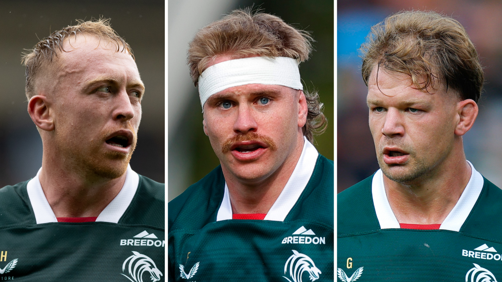 Three separate pictures of Tommy Reffell, Aaron Wainright and Olly Cracknell in green and white Leicester Tigers kit