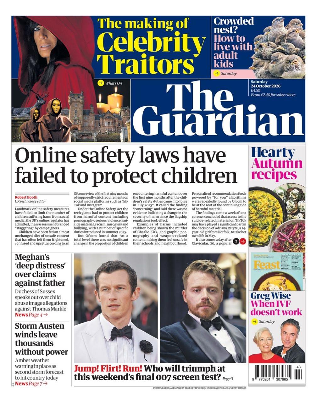 "Online safety laws have failed to protect children," reads the headline on the front page of the Guardian.