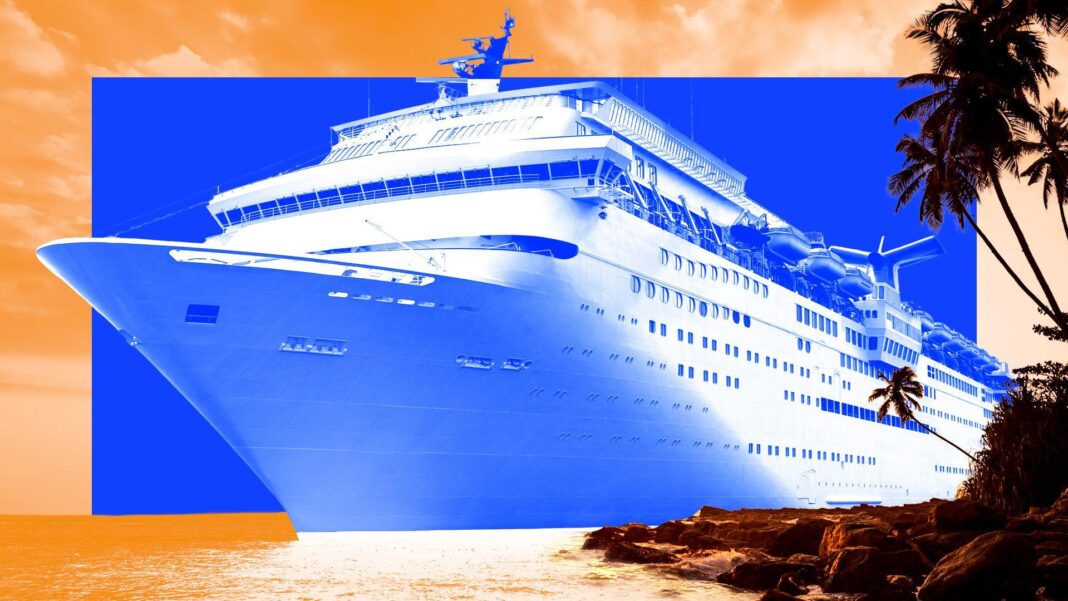 Treated image of a cruise ship on a blue background imposed on a scene showing a tropical island with orange sky and sea