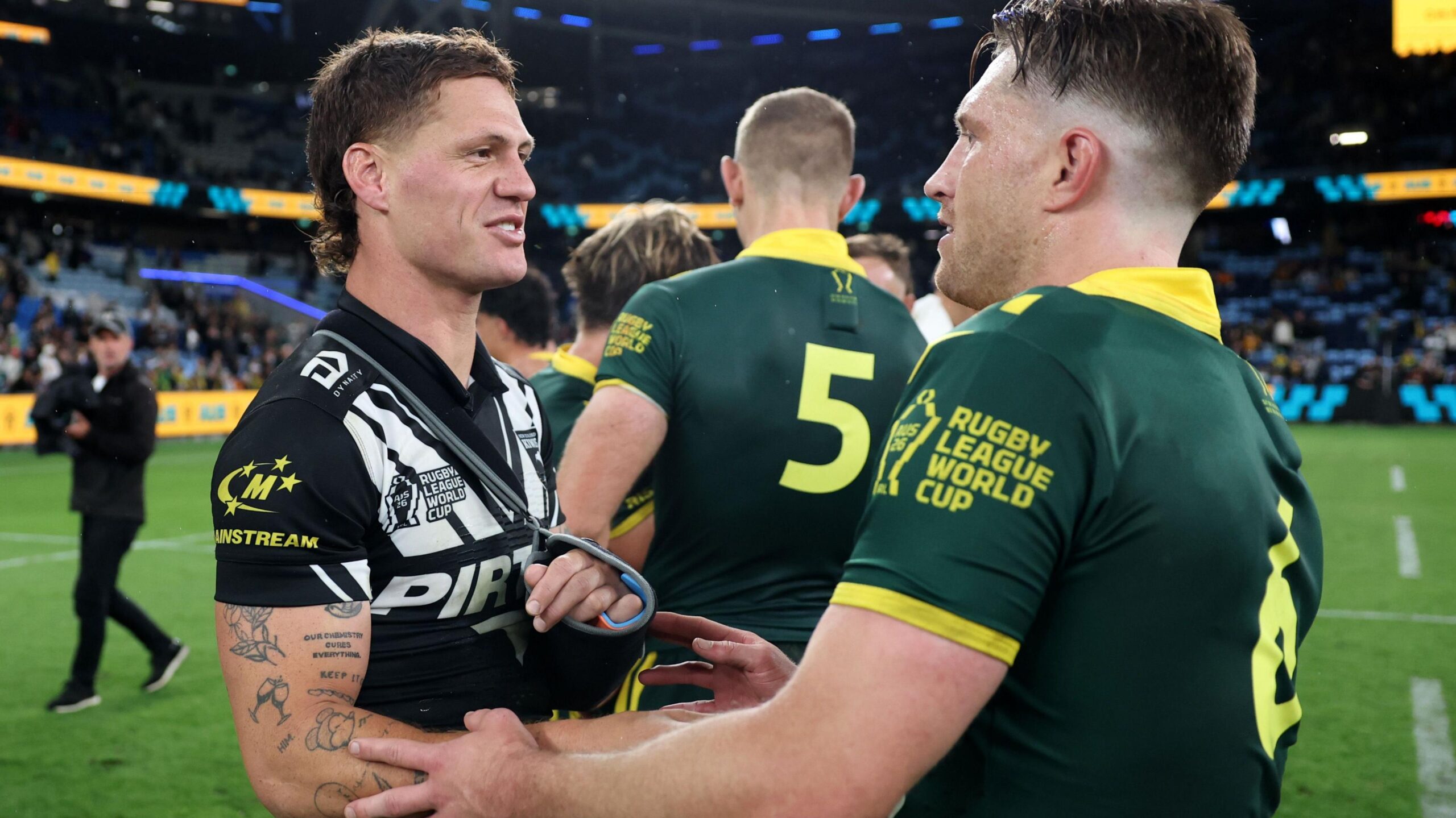 Kalyn Ponga and Cameron Munster talk at full-time
