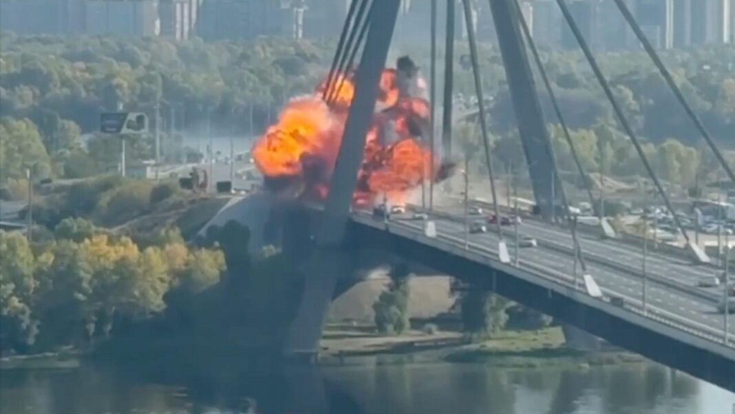 The moment a drone crashes into Kyiv's busy Pivnichnyi (Northern) Bridge, creating a huge ball of fire