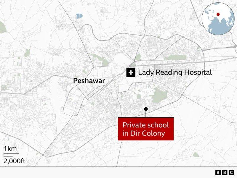 A map showing the north-western Pakistani city of Peshawar, highlighting the locations of Lady Reading Hospital and the Al-Khair private school in Dir Colony