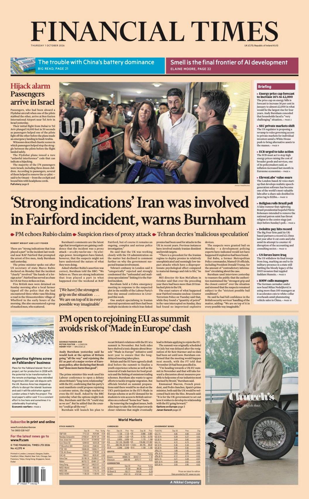 The headline on the front page of the Financial Times reads: “'Strong indications' Iran was involved in Fairford incident, warns Burnham”.