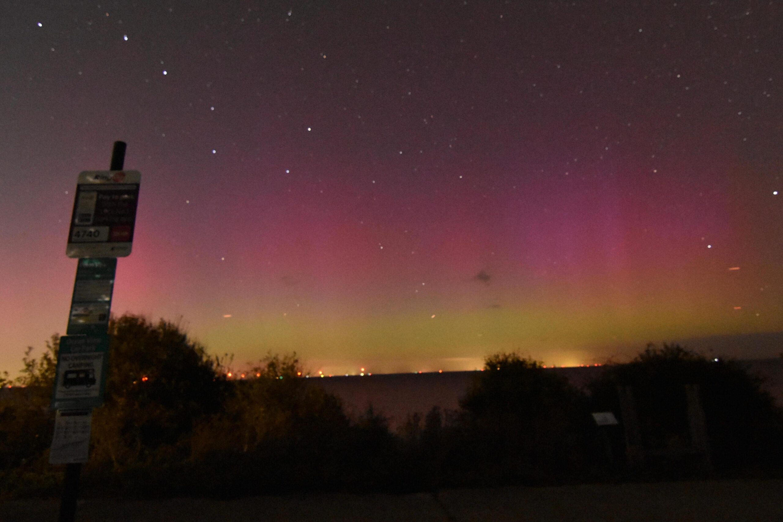 An image of the sky in Herne Bay, Kent, on 10 October during the evening. The Northern Lights can be seen in shades of yellow and pink above an urban skyline and several trees.