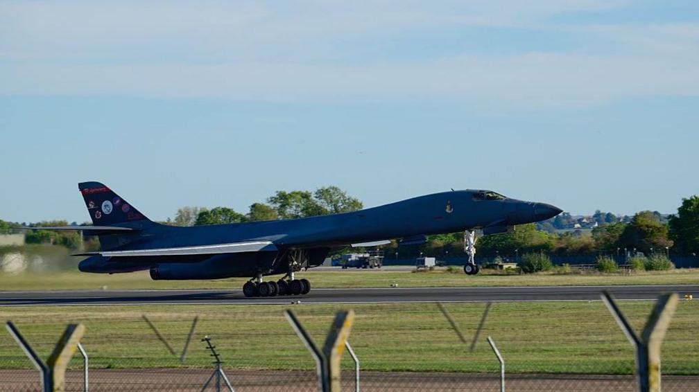 A Rockwell B1 Lancer heavy bomber takes off