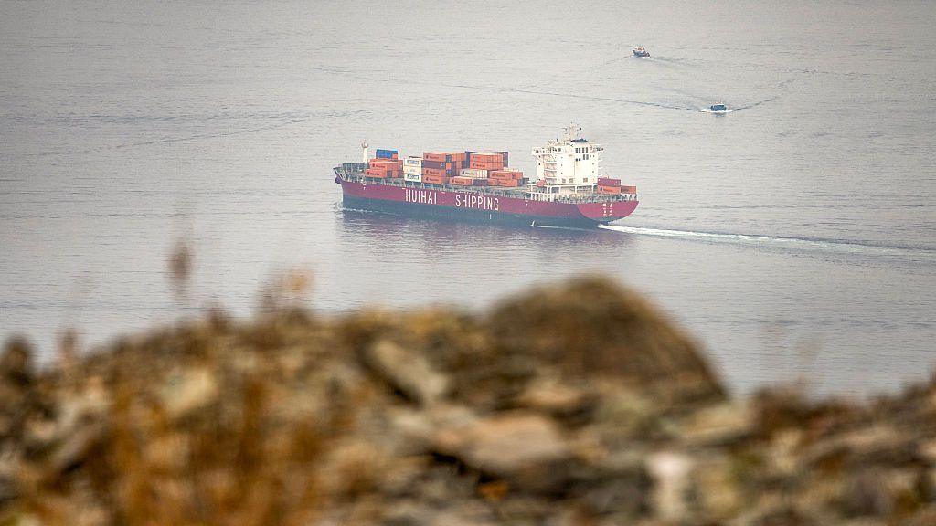 The China-flagged container shipping vessel Hui Fa transits the Gulf of Oman off the coast of Khor Fakkan, Sharjah, on 13 October 2026