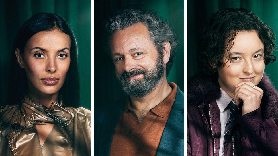 Maya Jama, Michael Sheen and Bella Ramsey all in smart clothes, looking straight at the camera