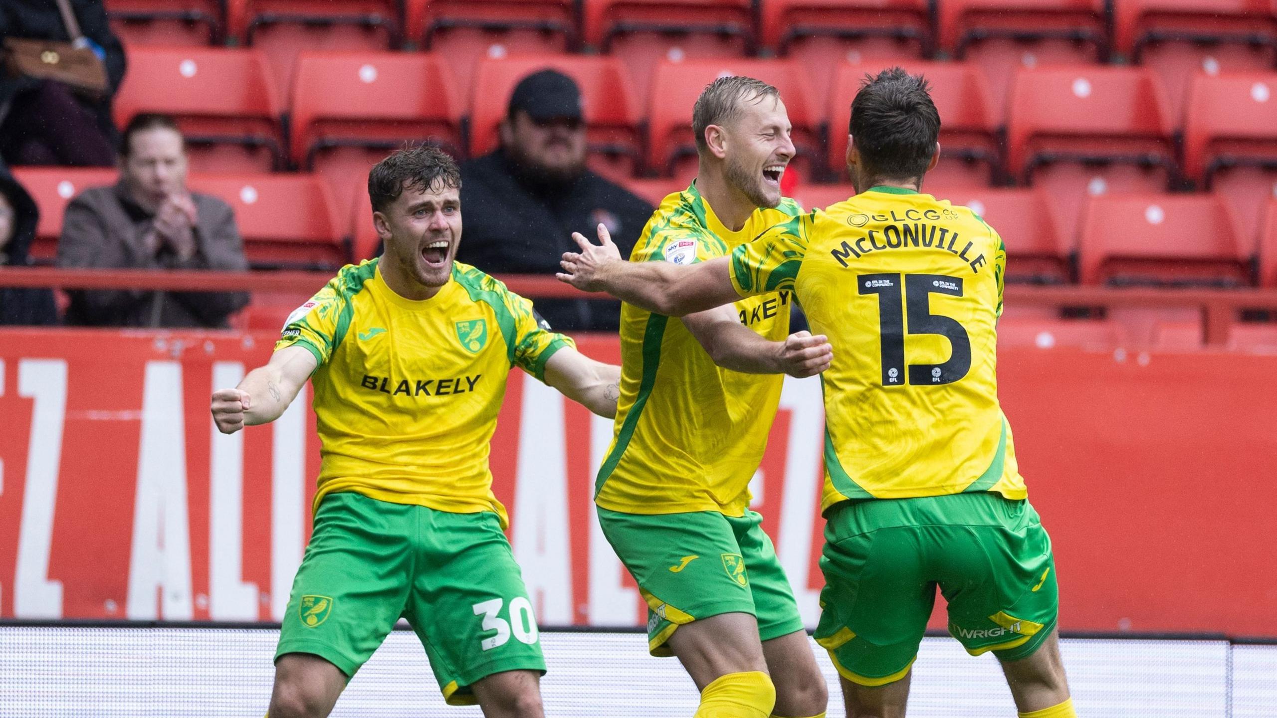 Mathias Kvistgaarden of Norwich City scores and celebrates 1-2