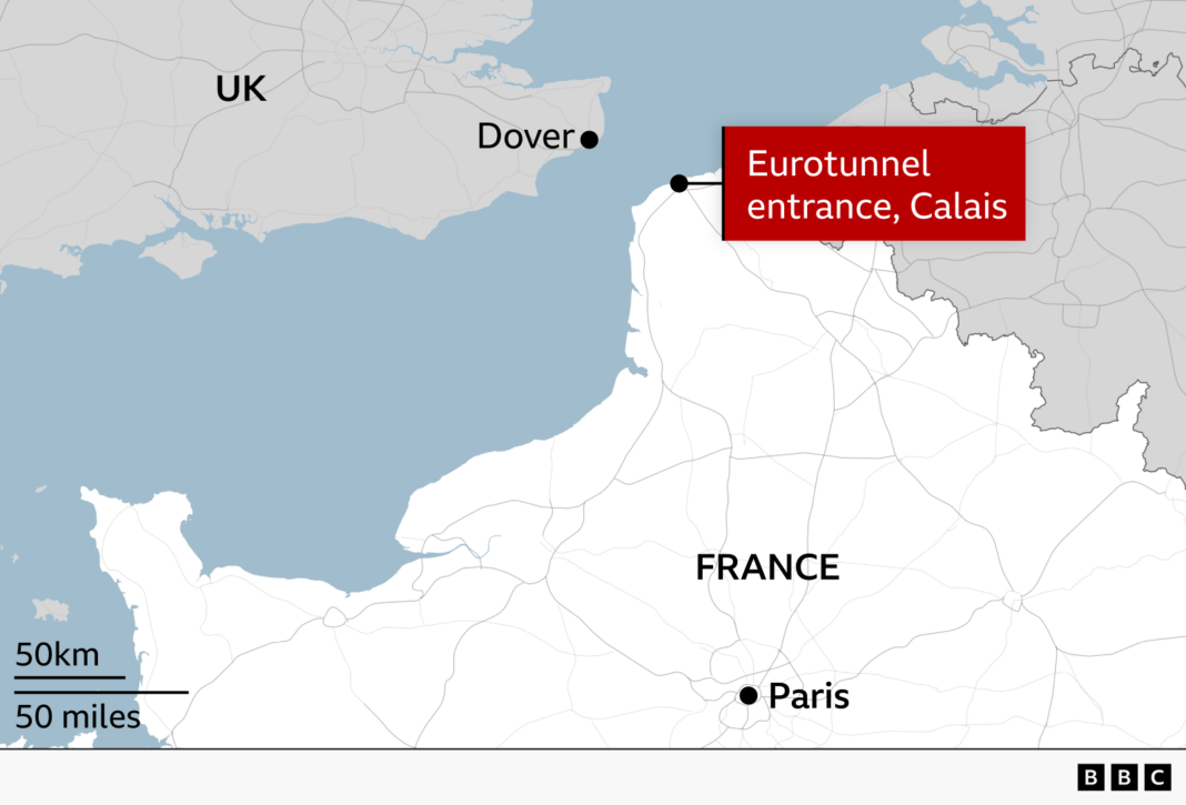 Bus hits train stopped on French side of Channel Tunnel, with 19 injured A map shows the location of the Chunnel