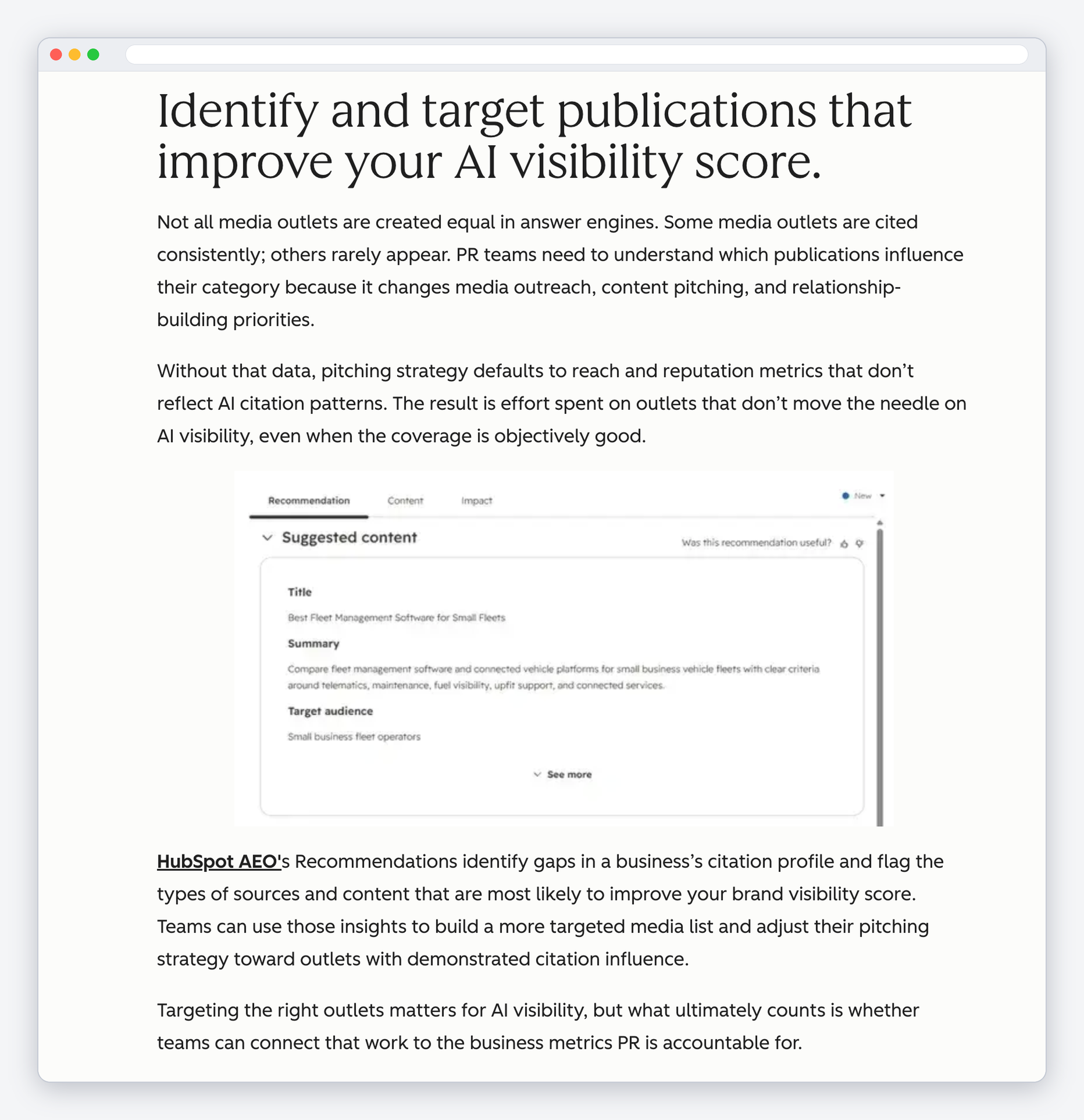 Screenshot of a HubSpot AEO article section titled "Identify and target publications that improve your AI visibility score," with short, direct paragraphs and a product screenshot.