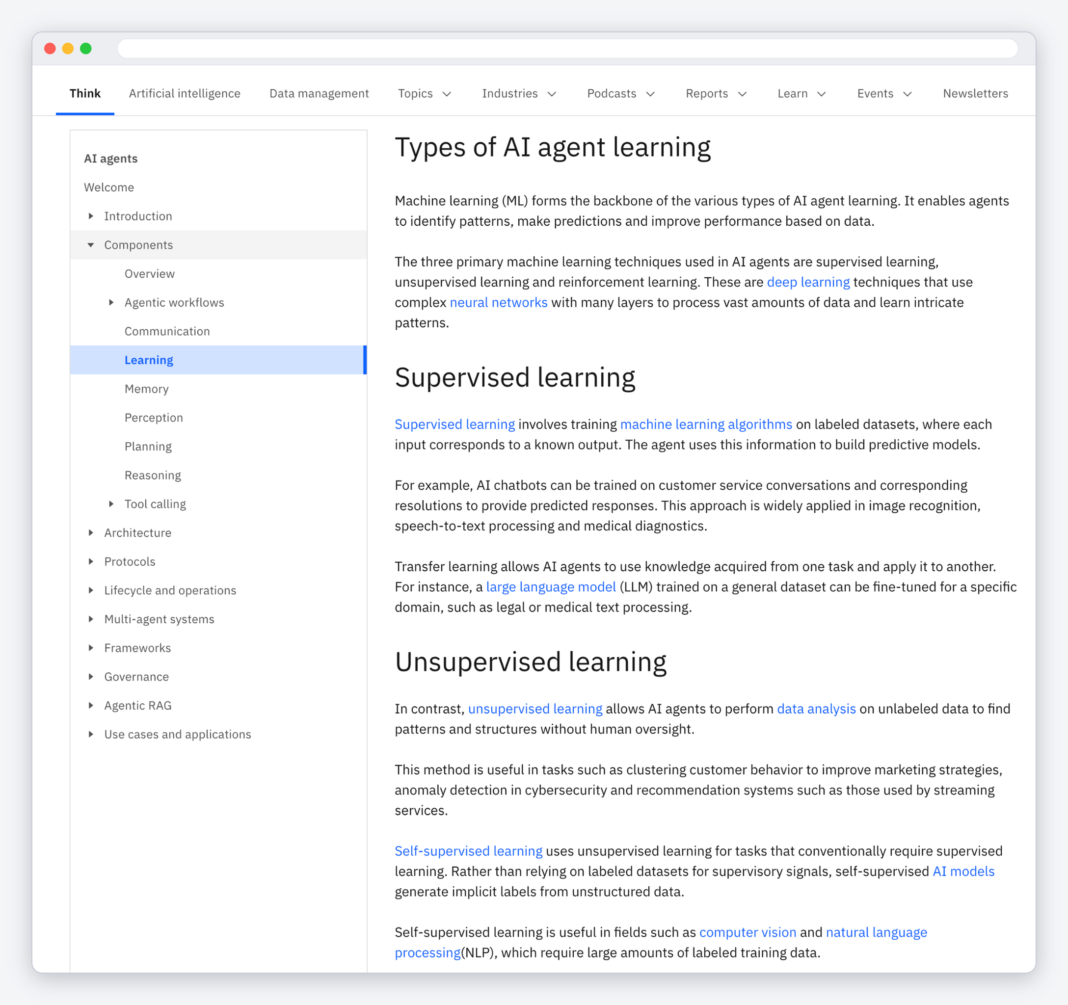 Screenshot of an IBM page on types of AI agent learning, with a sidebar menu and plain, definition-style paragraphs under 