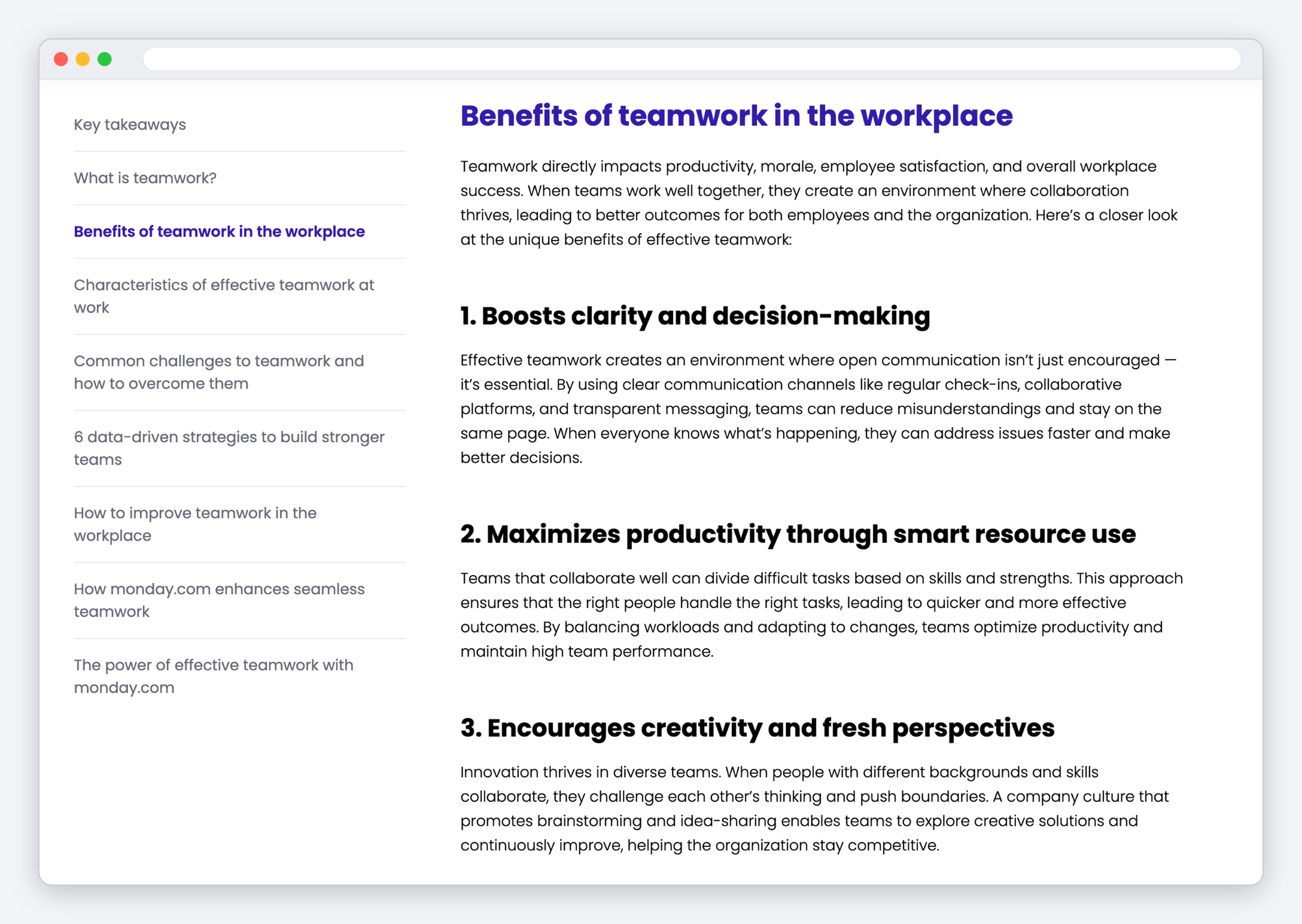 Screenshot of a monday.com article, "Benefits of teamwork in the workplace," with a contents sidebar and three numbered benefits in short paragraphs.