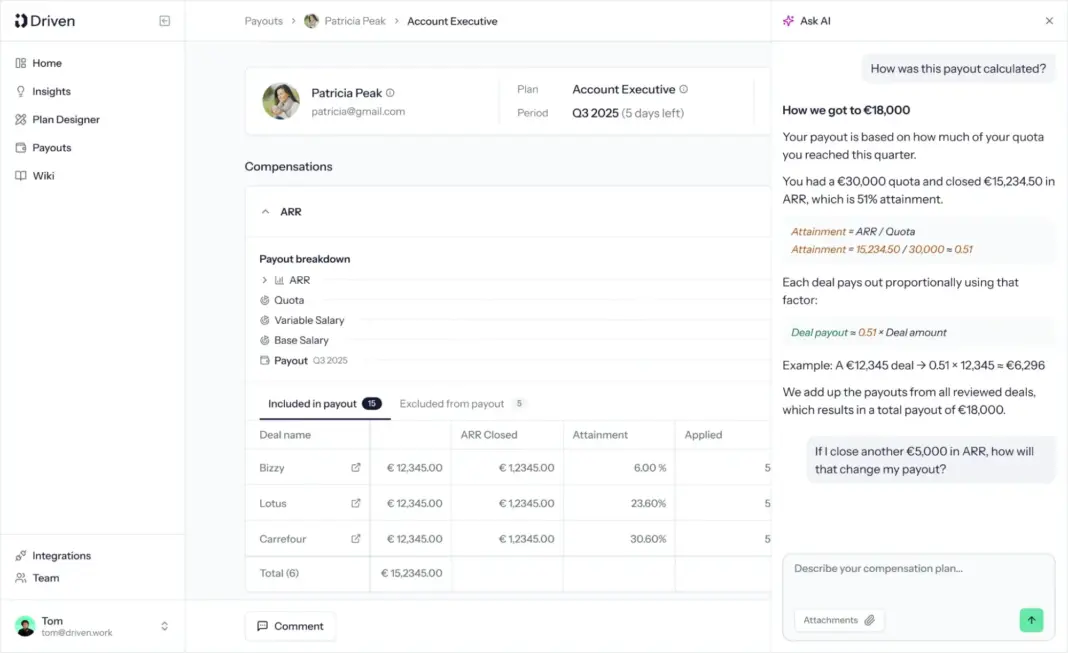 Driven’s payout dashboard pairs a deal breakdown with an AI explanation of how quota attainment affects commission.