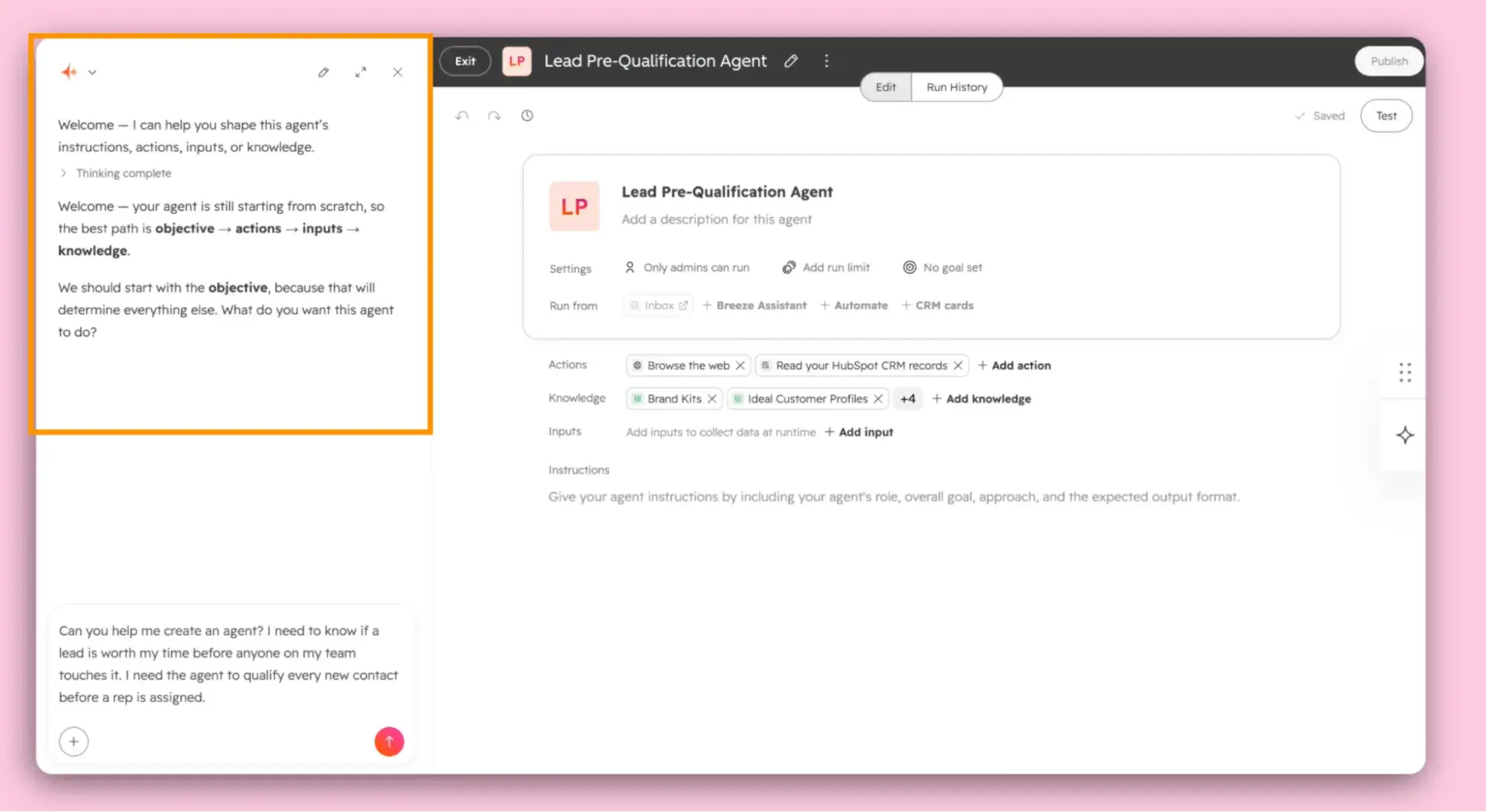 instructions for updating an agent used to pre-qualify leads.
