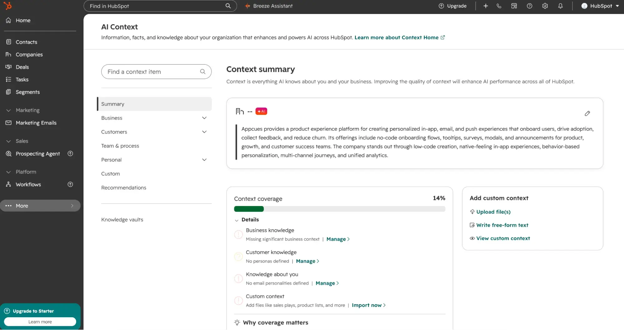 HubSpot’s AI Context page shows a business summary, context coverage, and options to add files or custom text.