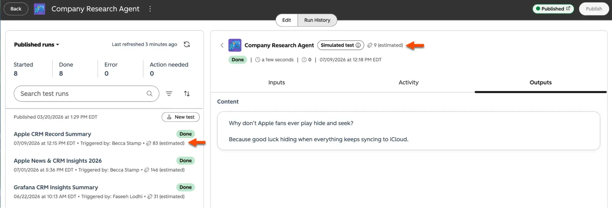 A Company Research Agent test displays its output and estimated credit usage alongside previous runs.