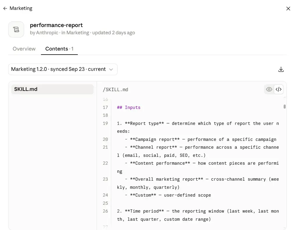 A sample showing Markdown instructions from Anthropic’s pre-installed performance report
