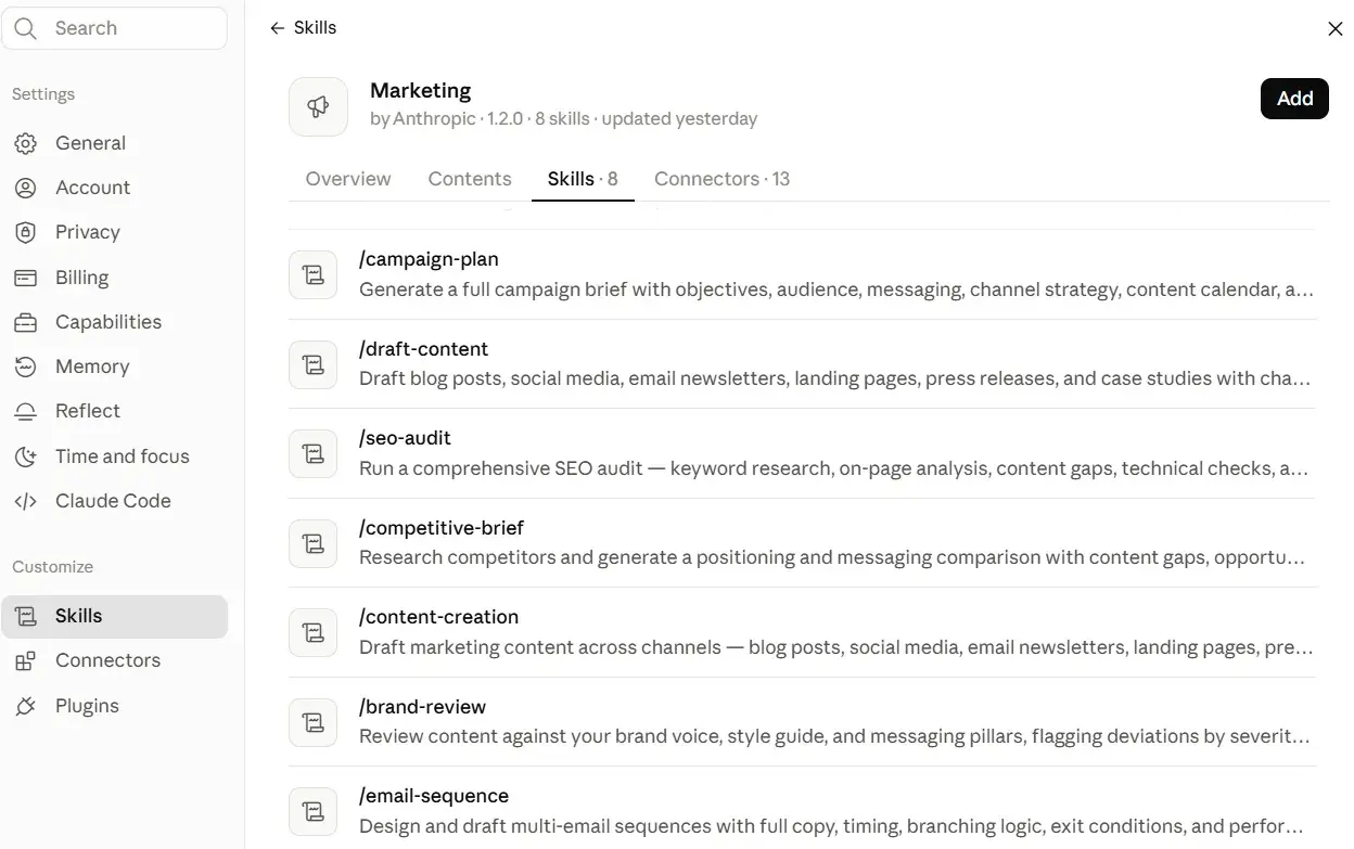 Pre-installed marketing skills available in Claude skills