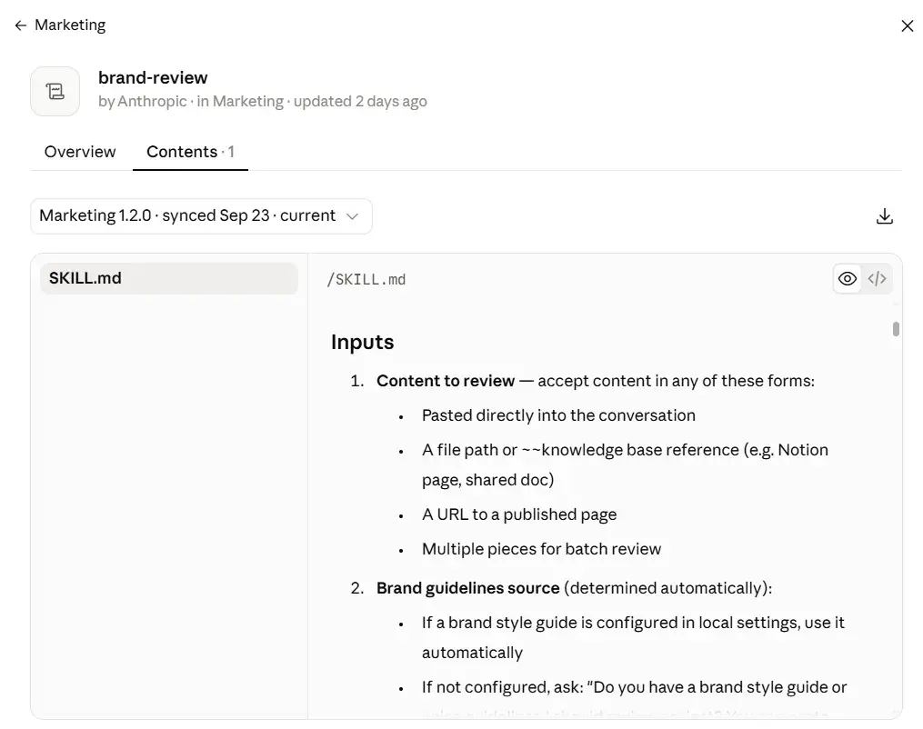 Anthropic’s pre-installed ‘brand review’ file showing how to write inputs in Claude skills for non-coders