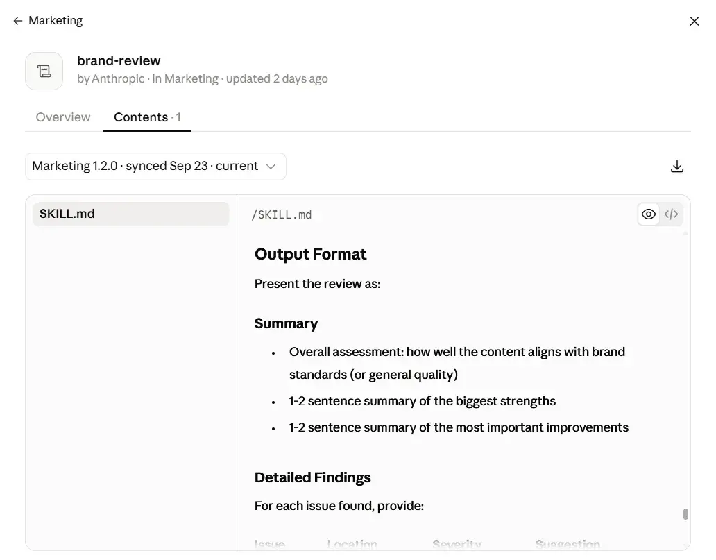 Anthropic’s pre-installed ‘brand review’ file showing how to write output format in Claude skills for non-coders