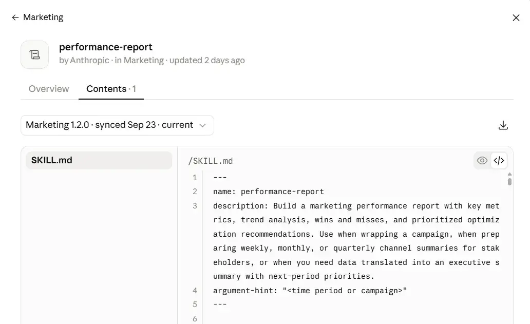 A sample showing how to write YAML front matter from Anthropic’s pre-installed performance report