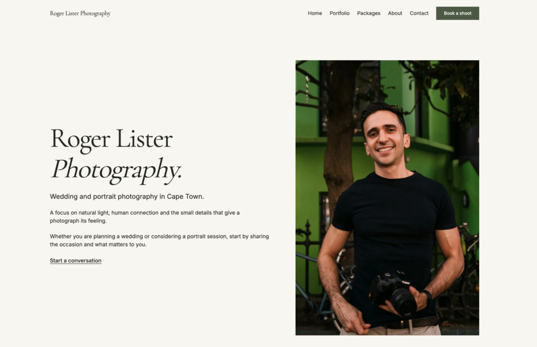 Roger Lister Photography website displaying the studio name in large serif lettering and an introduction to its wedding and portrait photography.