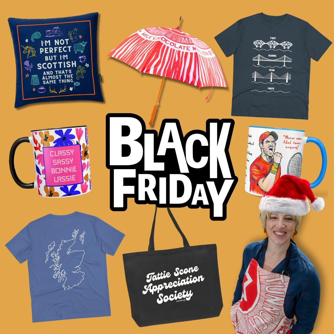 Folksy Black Friday graphic on an orange background featuring handmade mugs, clothing, a parasol, a tote bag, and a maker.