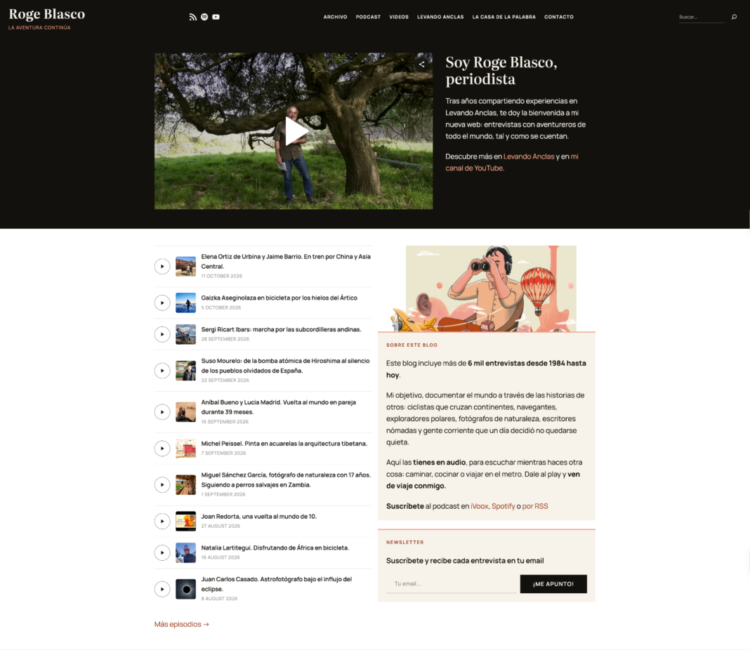 How Roge Blasco Brought 6,500 Travel Stories Back Online homepage for rogeblasco.blog, showing the featured video, the list of podcast episodes, and the newsletter subscription form