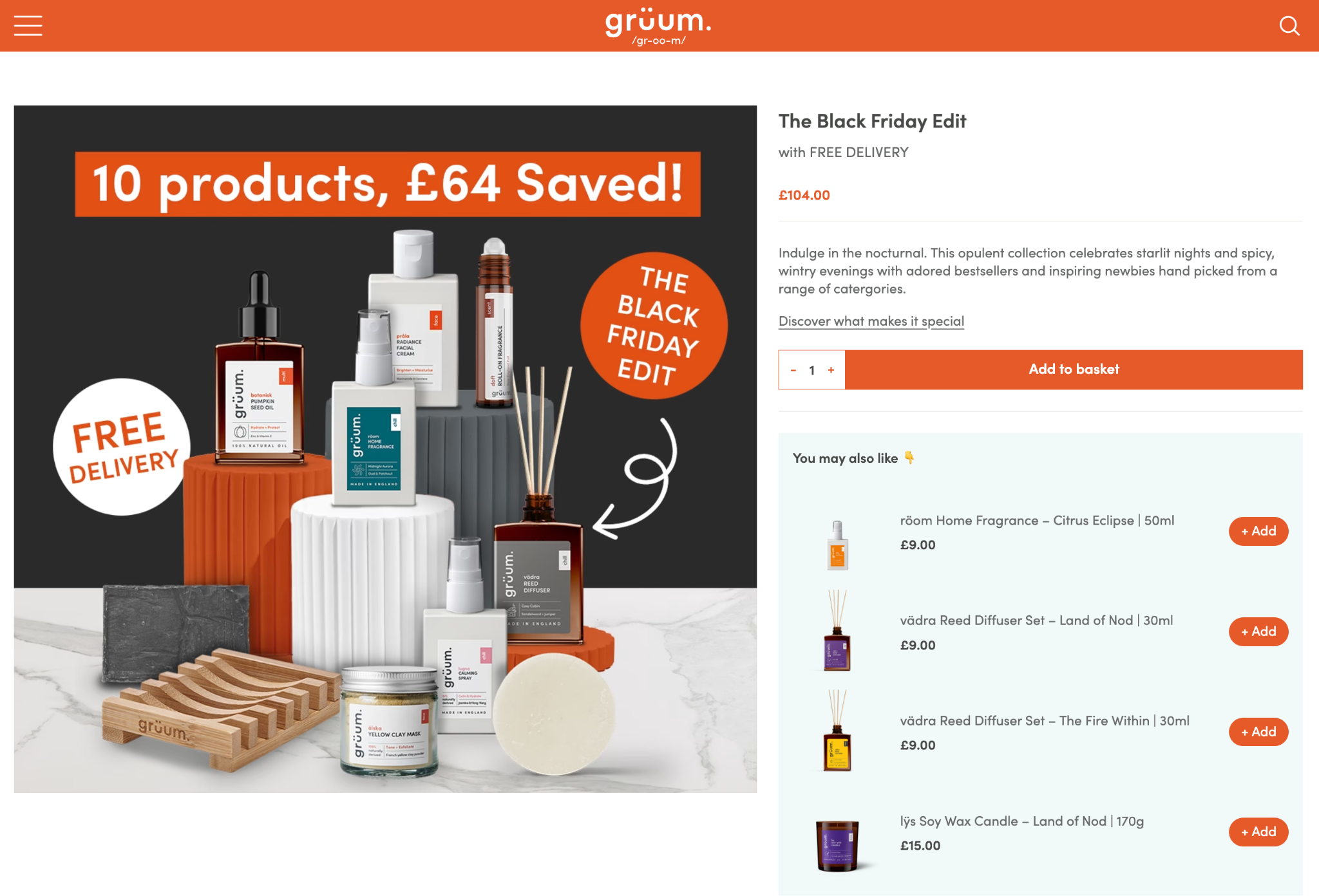 Screenshot of grüum’s Black Friday Edit page showing a 10-product skincare bundle, an orange promotional graphic, and the product list.