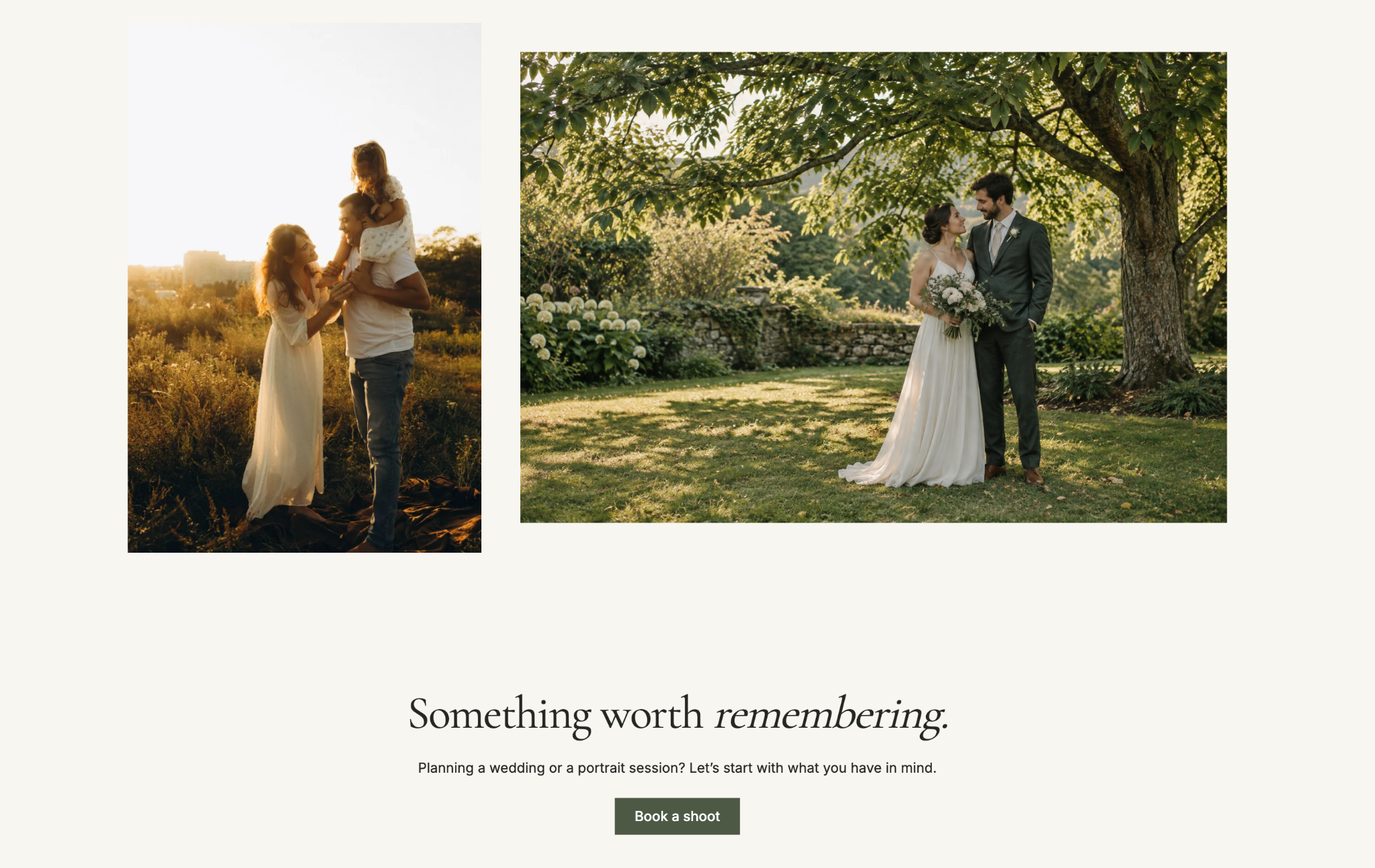 Photography portfolio homepage featuring family and wedding photographs above a “Something worth remembering” message and booking button.