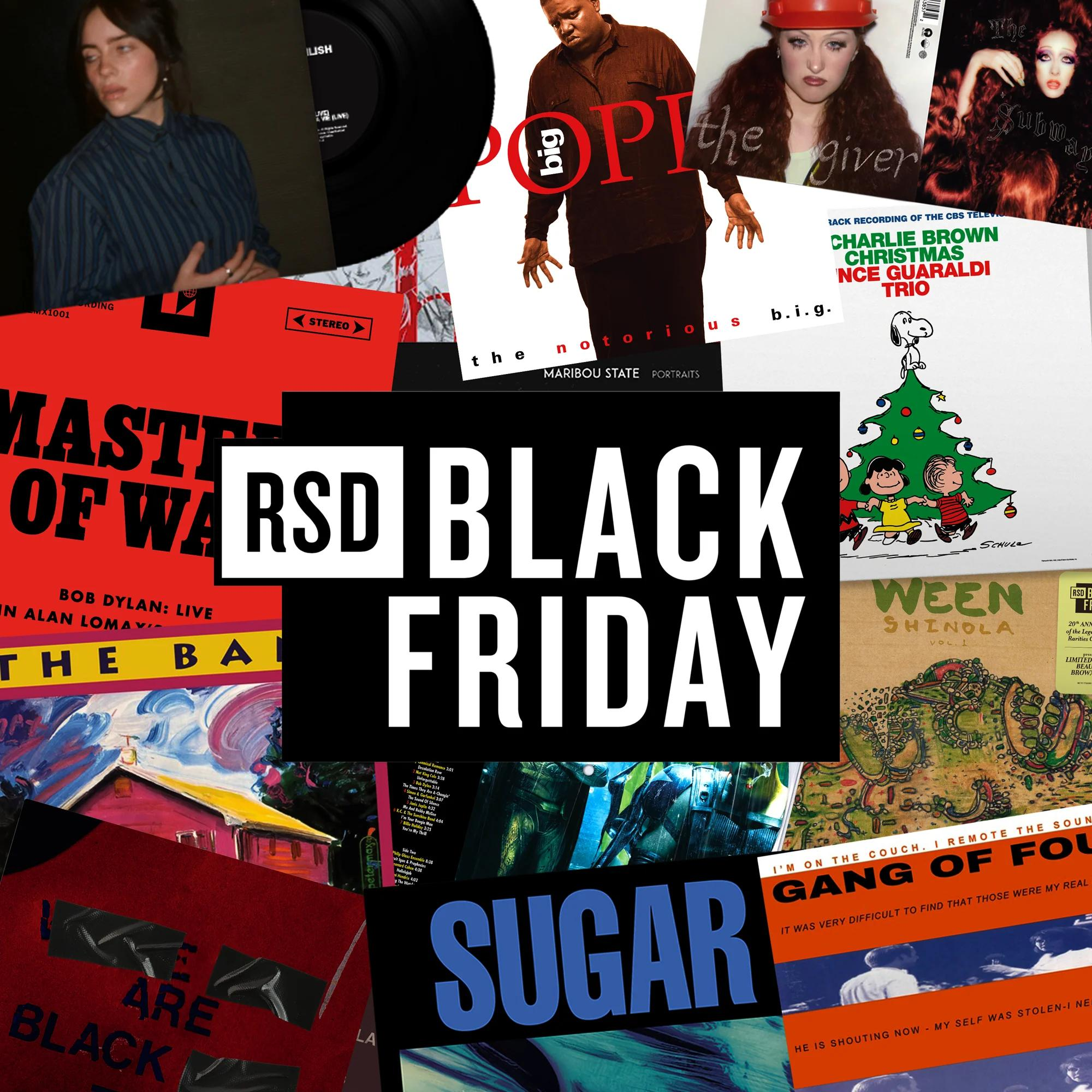 Record Store Day Black Friday promotional collage showing vinyl record artwork around the bold “RSD Black Friday” logo.