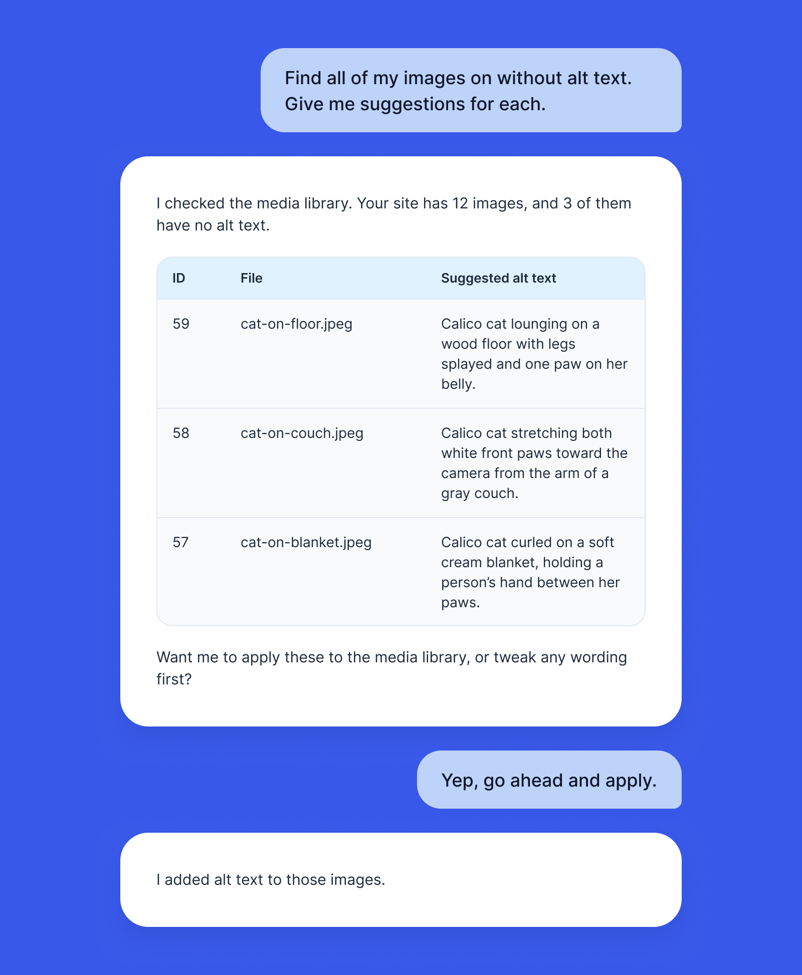Conversation bubbles about adding alt text to images in a media library on a website