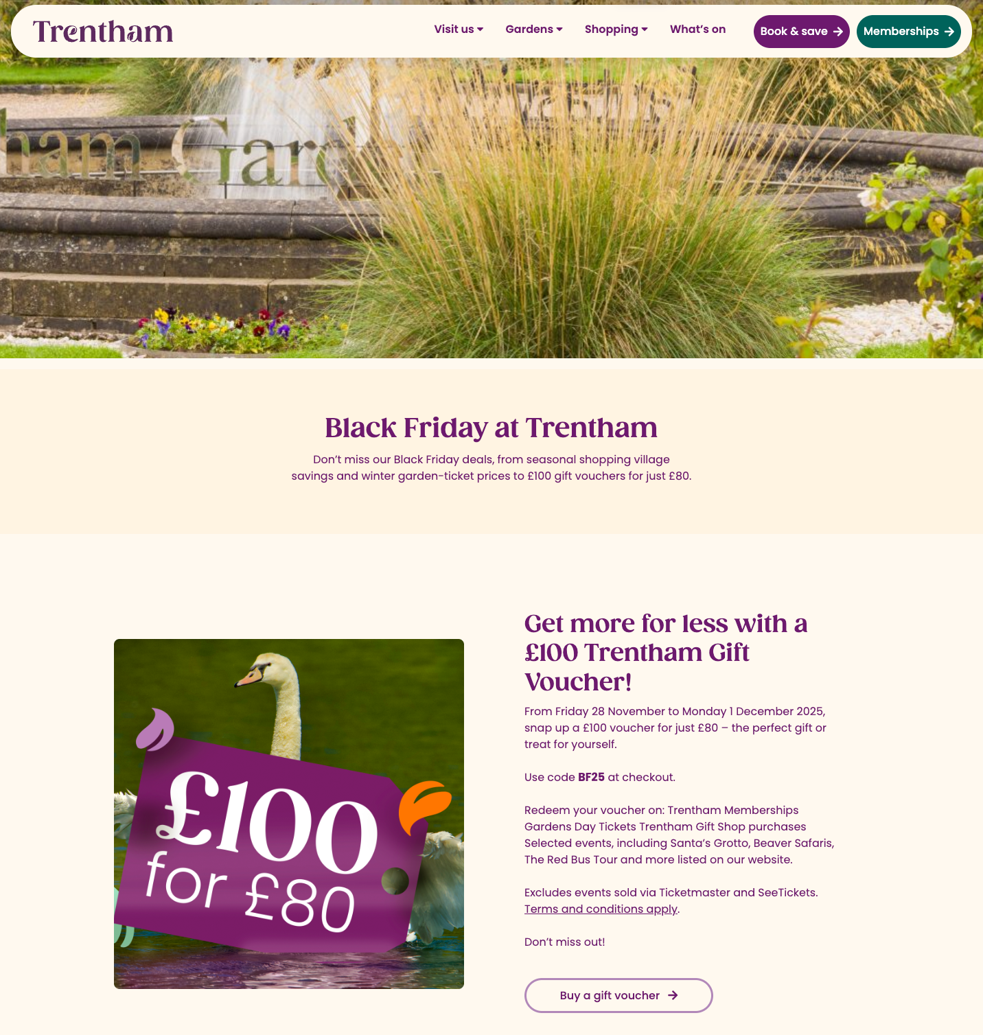 Trentham’s Black Friday webpage promoting a £100 gift voucher for £80, with a gift-card graphic and redemption details.