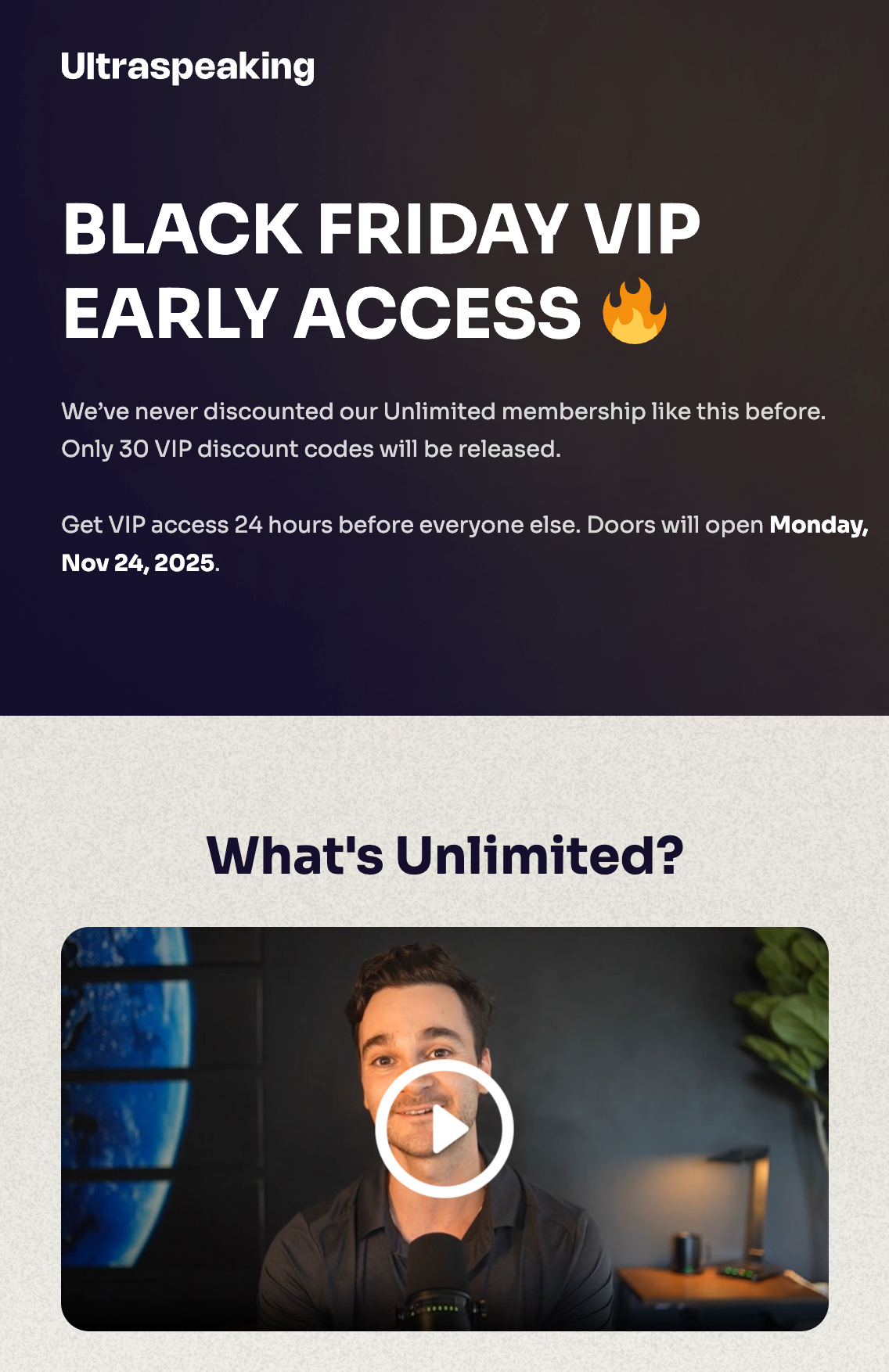 Ultraspeaking campaign page headed “Black Friday VIP Early Access,” with an explanation of the limited membership offer.