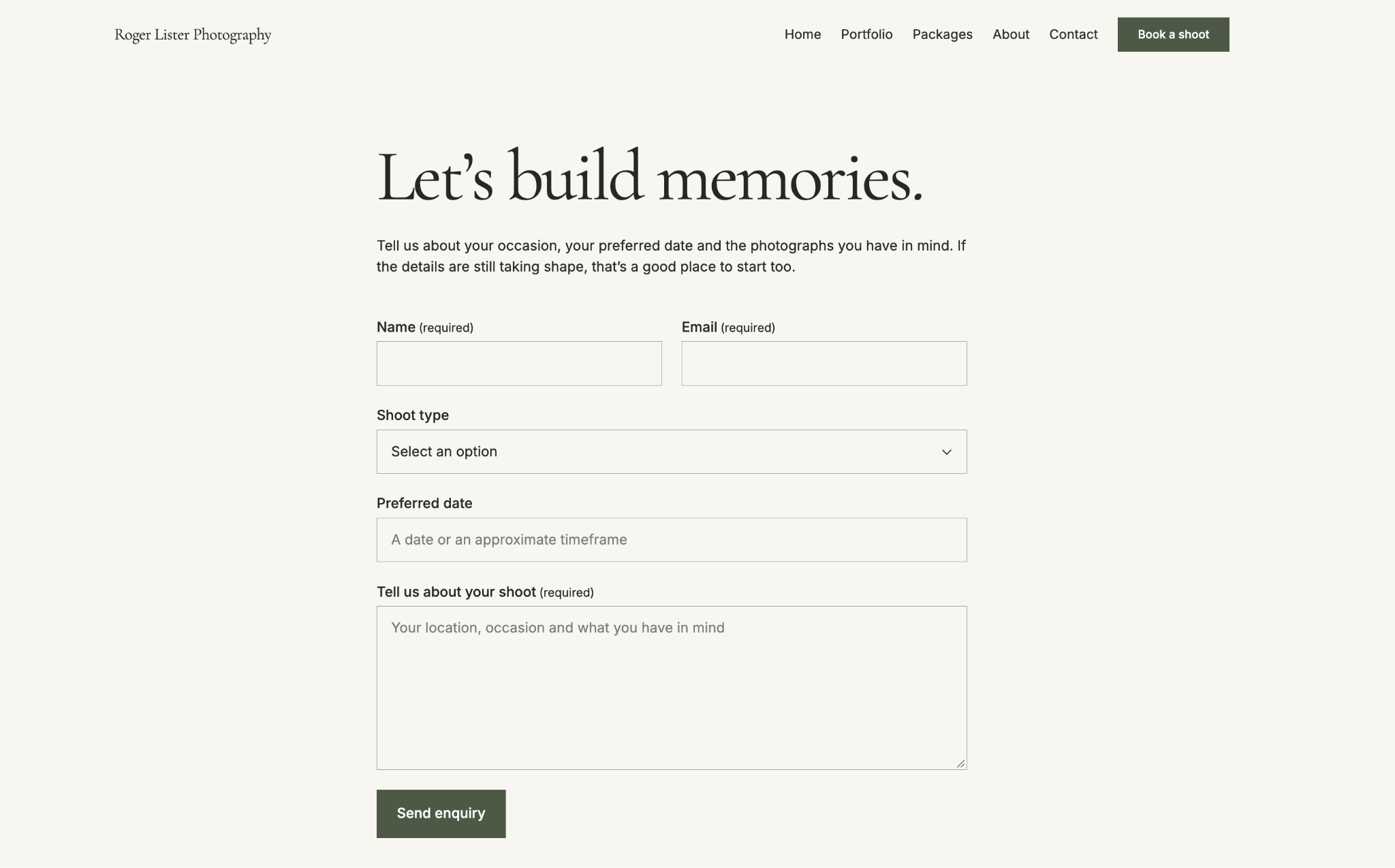 Photography website contact form with fields for name, shoot type, and preferred date.