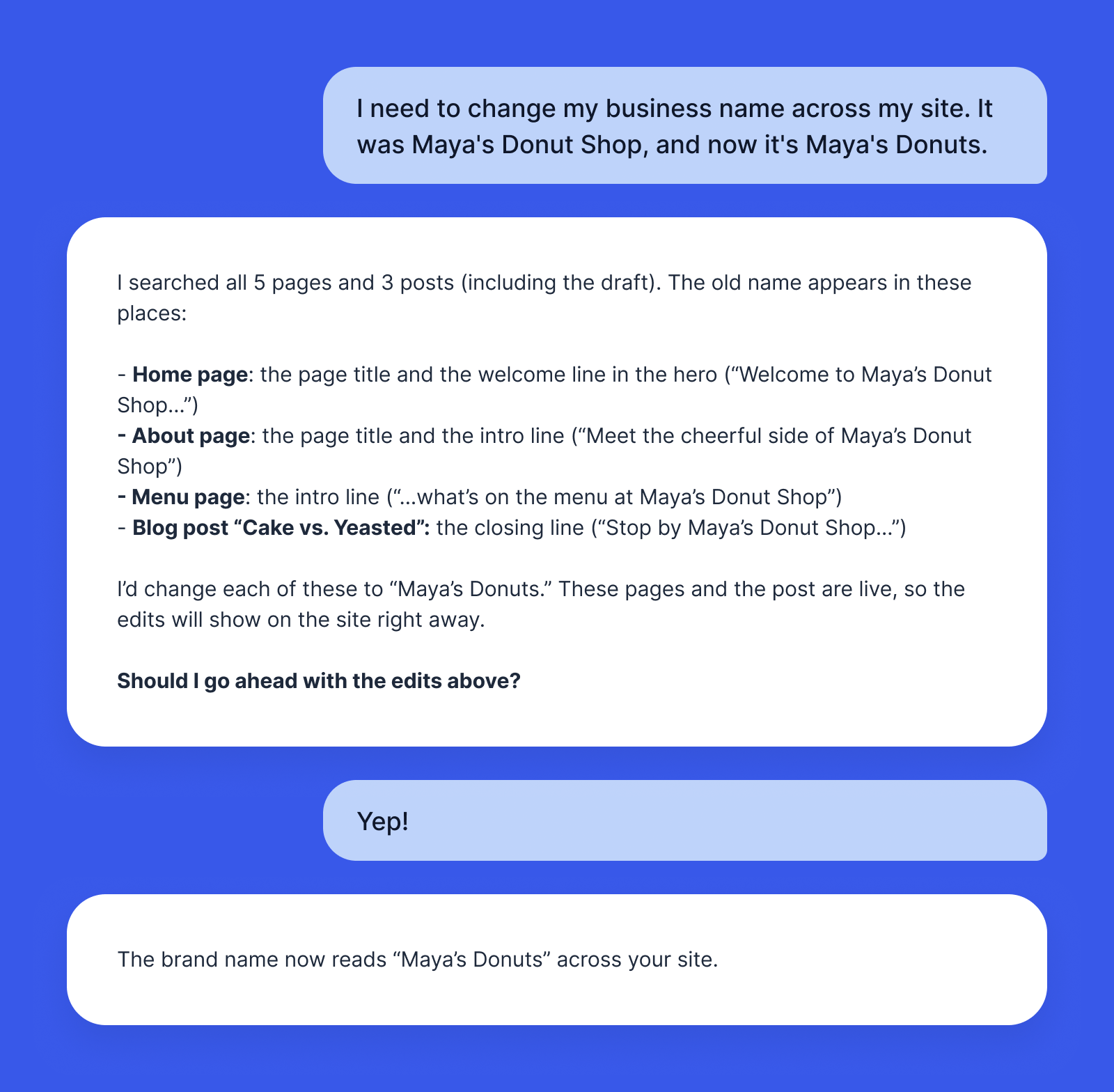 Conversation bubbles about changing the business name across a site
