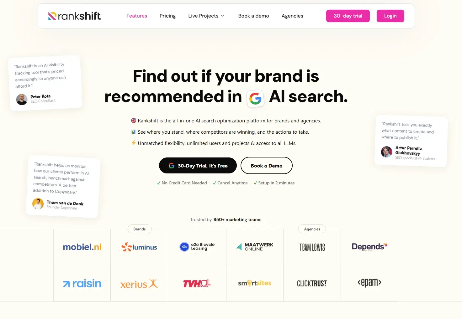 Rankshift homepage promoting brand recommendation tracking in AI search.
