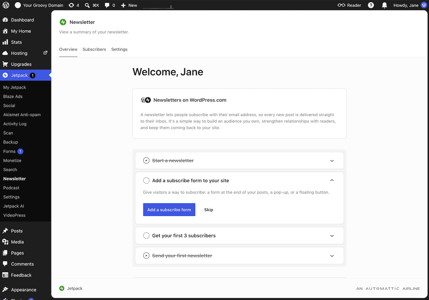 The Jetpack Newsletter overview page on wp-admin
