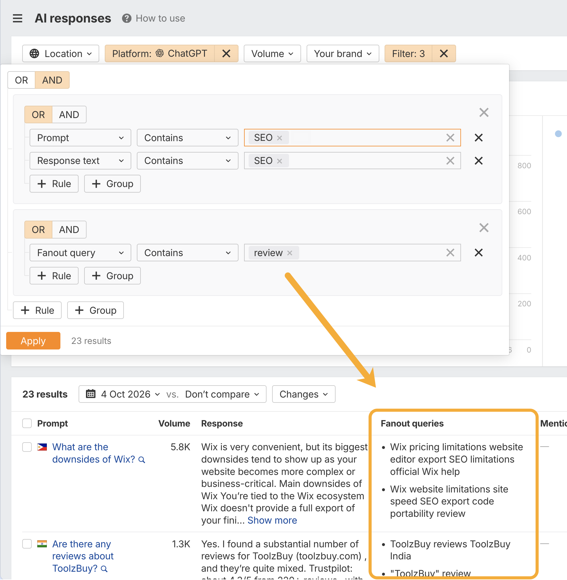 Brand Radar AI responses report filtered to ChatGPT answers where the prompt or response contains “SEO” and the fan-out query contains “review”, returning 23 results, with the Fan-out queries column highlighted showing searches like “Wix website limitations site speed SEO export code portability review” and “ToolzBuy reviews ToolzBuy India”