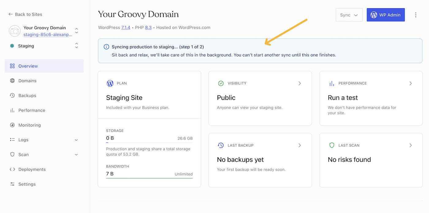 An arrow pointing to a notification on the Staging Site overview page on the hosting dashboard on wordpress.com