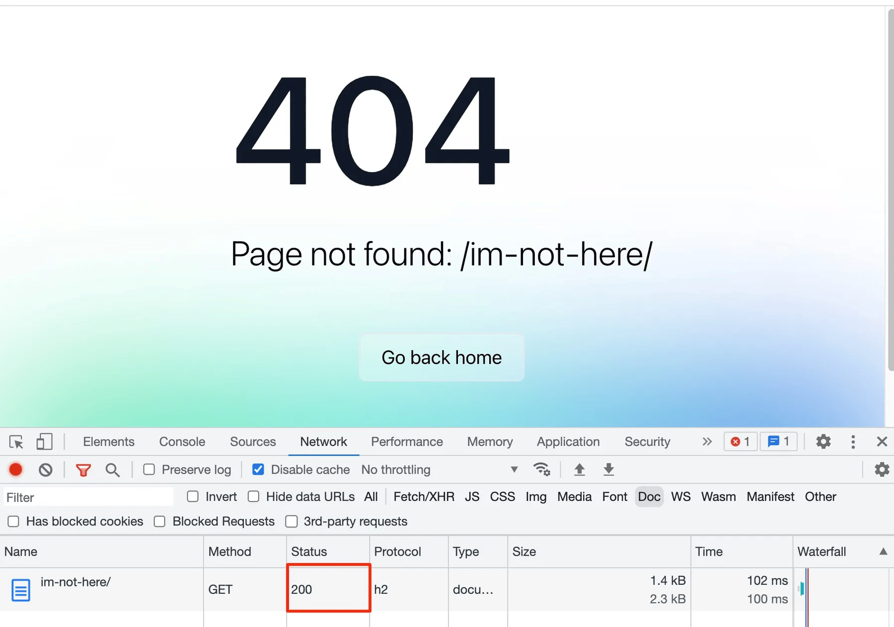The page looks like a 404, but the underlying HTTP response is 200.